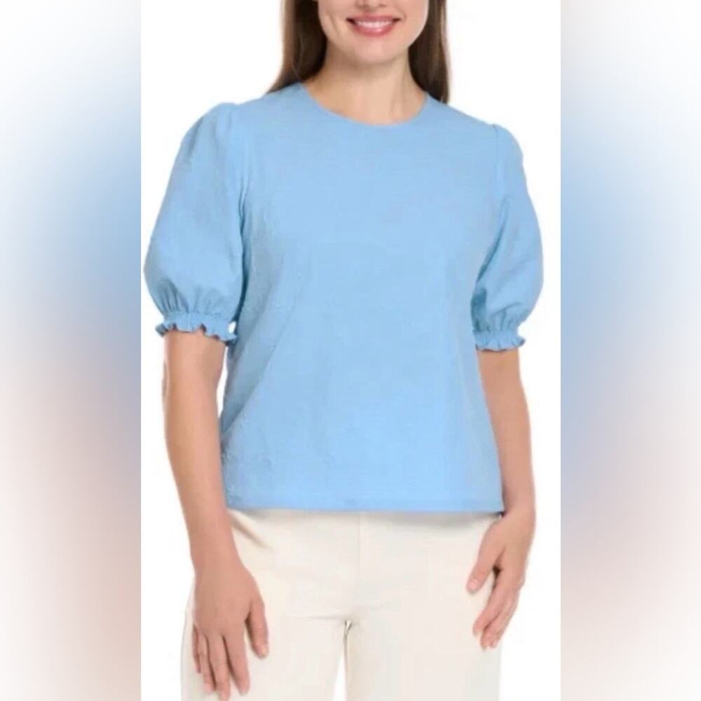 NWT Ted Baker Women's Crewneck Elastic Smocked Short Sleeves Blouse, Blue, S